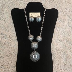 Silver Medallion Necklace with Rhinestones & Matching Earrings Set